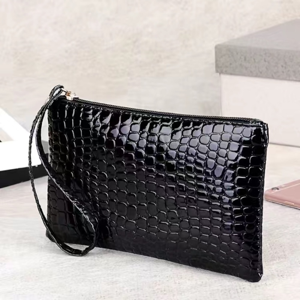 Minimalist Crocodile Print Faux Leather Clutch Zip Up Wristlet Black